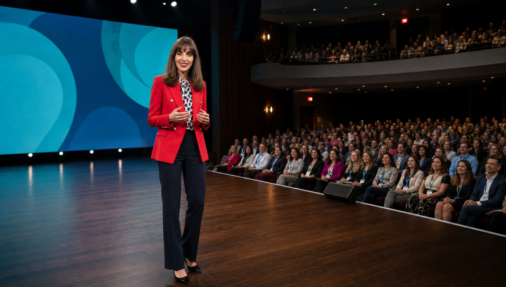 AI-generated concept of Josette Perrone speaking on a TED-style healthcare conference stage